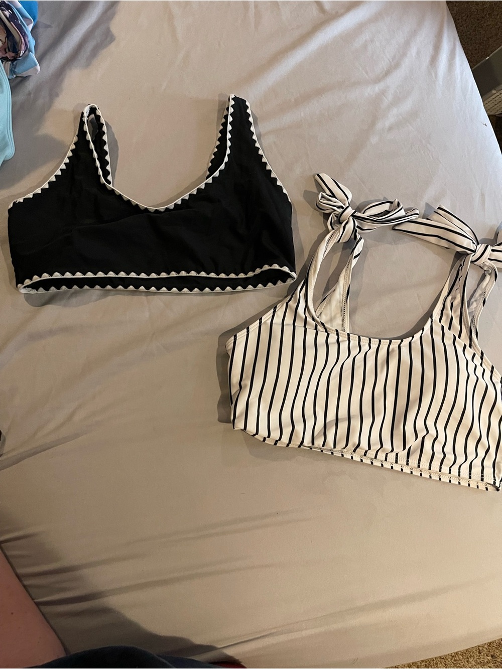 Black Scallop Trim Bikini Top & White Stripe Tie-Shoulder Bikini Top - Women